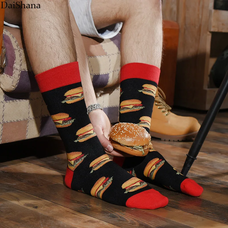 25 Style Fashion Men\'s Socks Combed Cotton Socks Hamburger Pizze Donut Pattern Funny Cute Cartoon Food Skateboard Socks 38-45