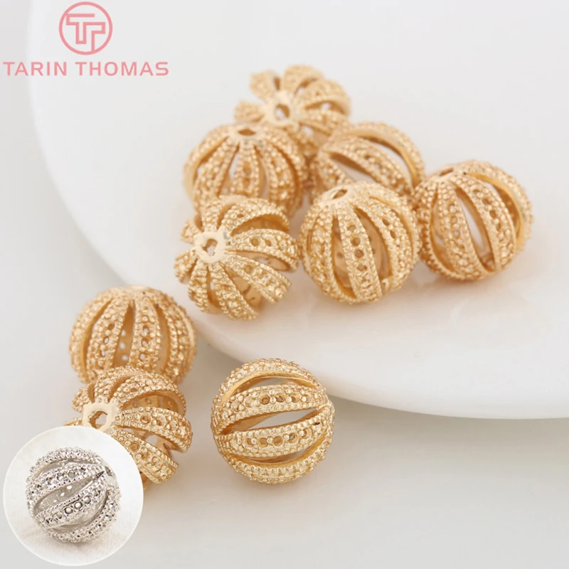 (2997)6PCS 12MM 24K Gold Color Plated Brass Round Hollow Spacer Beads Bracelet Beads High Quality Jewelry Accessories