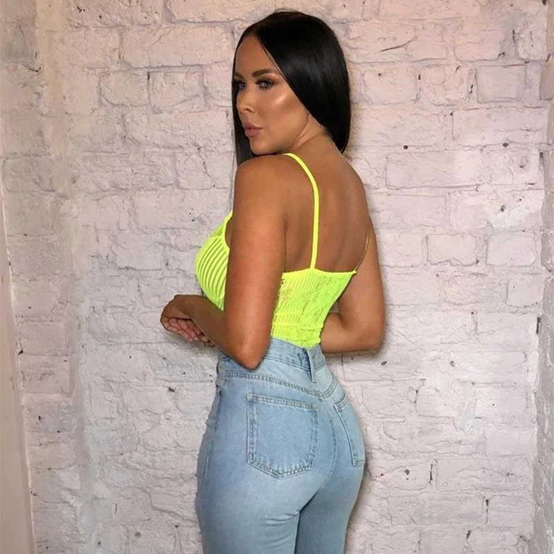 OMSJ Newest Women Neon Green Orange Stripe Lace Bodysuit One Piece Sheer Sexy Floral Embroidery Playsuit Night Out outfits Party