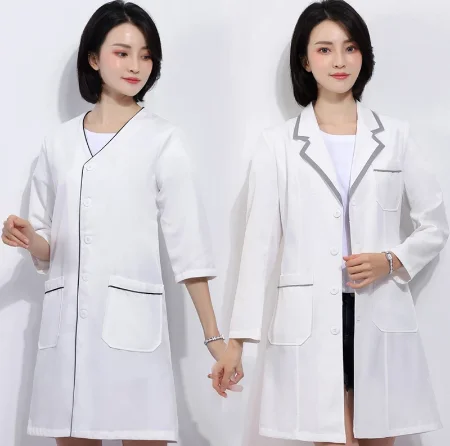 Roupas de trabalho, uniforme de spa, uniforme de pele branco com mangas curtas e jaqueta experimental de tamanho grande