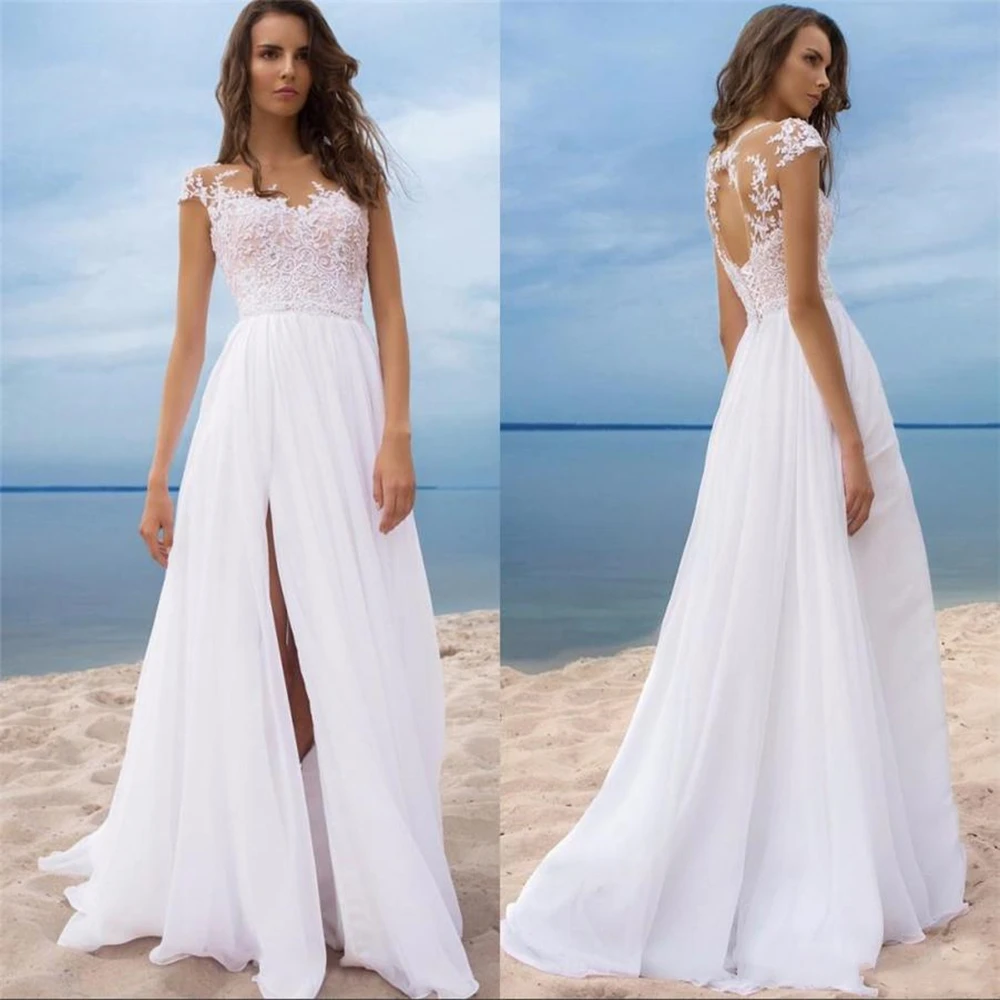 Sheer Jewel Neck Appliqued Keyhole Backless Long Bridal Gowns for Summer Beach Weddings Sexy Split Boho Wedding Dresses