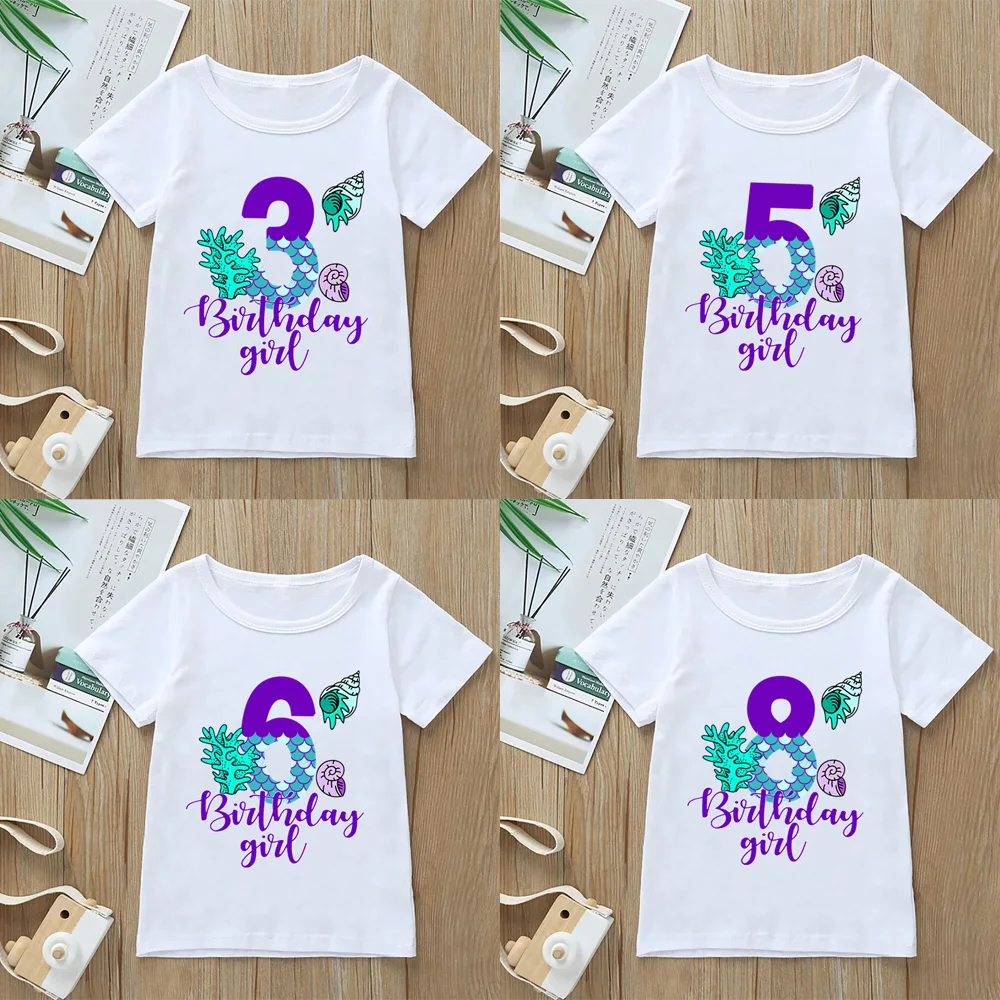 Age 1-9 Birthday Girls Tshirt Cute Mermaid Graphic Print T-shirt Children\'s Clothing Tees Fashion Kawaii Clothes Tops,YKP142