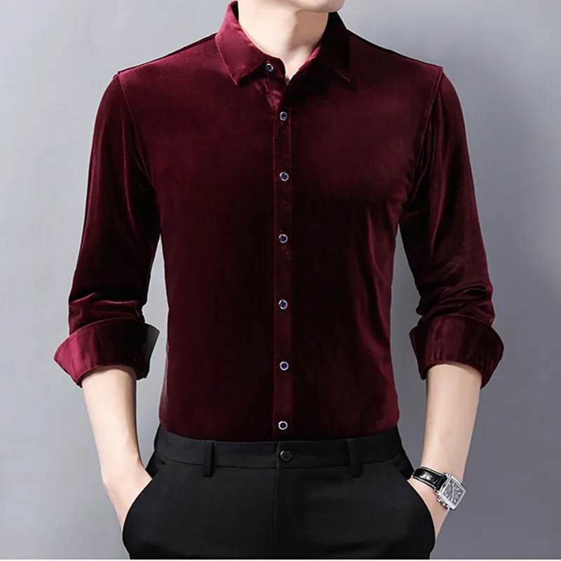 

Luxury Retro Winter Red Velvet Dress Shirts For Mens Purple Plush Big Size Blouse Velour Claret Shirts Burgundy Flannel Black