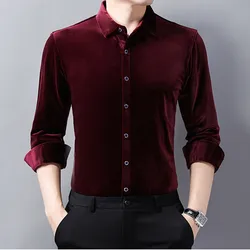 Luxury Retro Winter Red Velvet Dress Shirts For Mens Purple Plush Big Size Blouse Velour Claret Shirts Burgundy Flannel Black