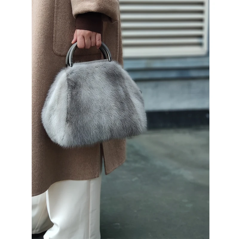 Vintage Winter ladies Fur Handbag Women Real Minik Fur Shoulder Bag Business Luxury Evening Party Bags