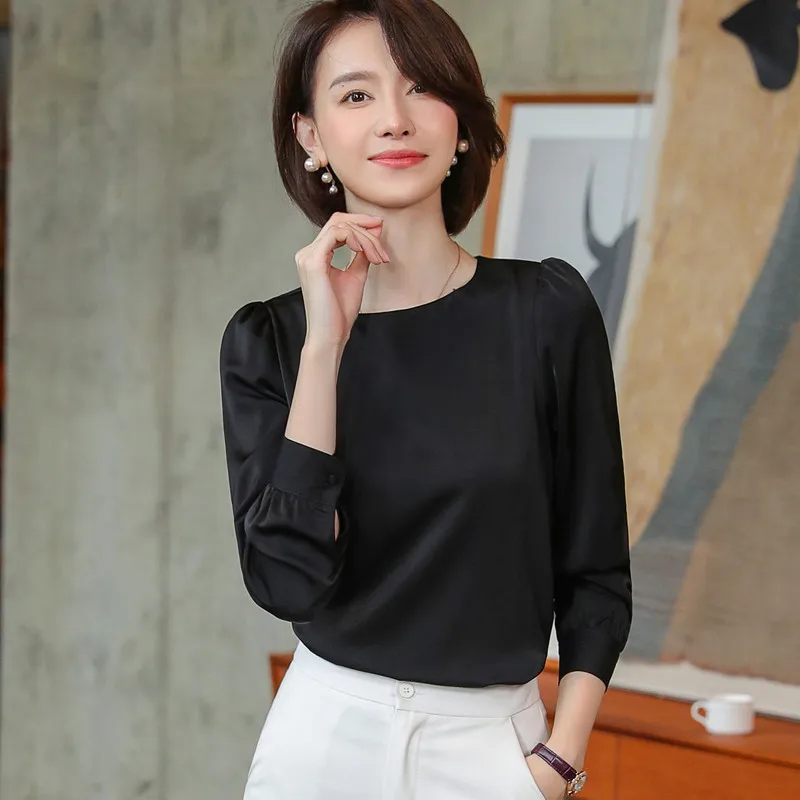 White Shirt Women 2022 Spring New Fashion O Neck Long Sleeve Chiffon Blouses Office Ladies Bottoming Work Tops Navy Blue
