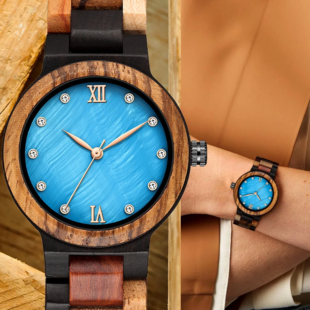 Unique Sapphire Blue Face Wooden Watches Handmade Full Wooden Band Quartz Watch Women's Watches Ladies Dress Clock Reloj Mujer