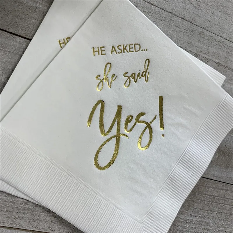 

25 - White with Metallic Gold Foil Cocktail Beverage Napkins He Asked She said Yes Engagement Party - SHIPS in 24 HOURS or less!