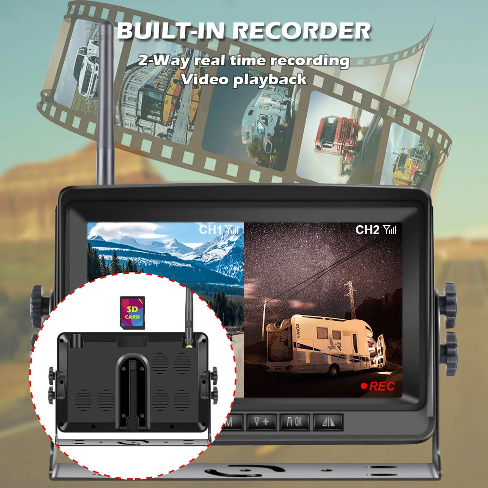 

2-канальный беспроводной видеорегистратор AHD для грузовиков с 7-дюймовым монитором, экраном для автомобиля, ИК-камерой ночного видения, камерой заднего вида, Wi-Fi камерой для автобусов и фургонов