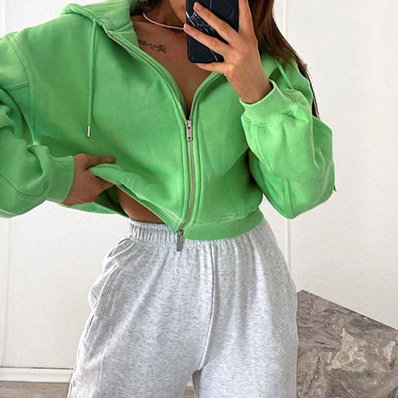 Green Sweatshirt Zip-up Hooded Collar Full Sleeve Simple Cardigan Women Fashion Sport Oversized Harajuku Cropped Coat Streetwear