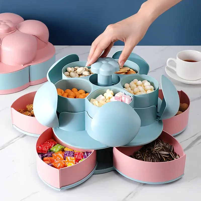 

Rotating Candy Box Snack Nut Box Petal-Shape Flower Candy Fruit Plate Food Storage Case Two-deck Dried Fruit Storage Organizer