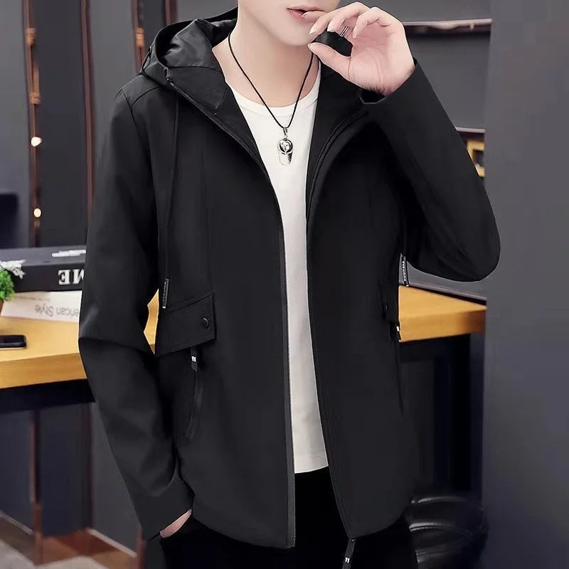 New Trench Coat Men\'s 2022 Solid Color Hooded Jacket Young and Middle-Aged Korean Version of Slim Jacket Casual Long Top Parkas