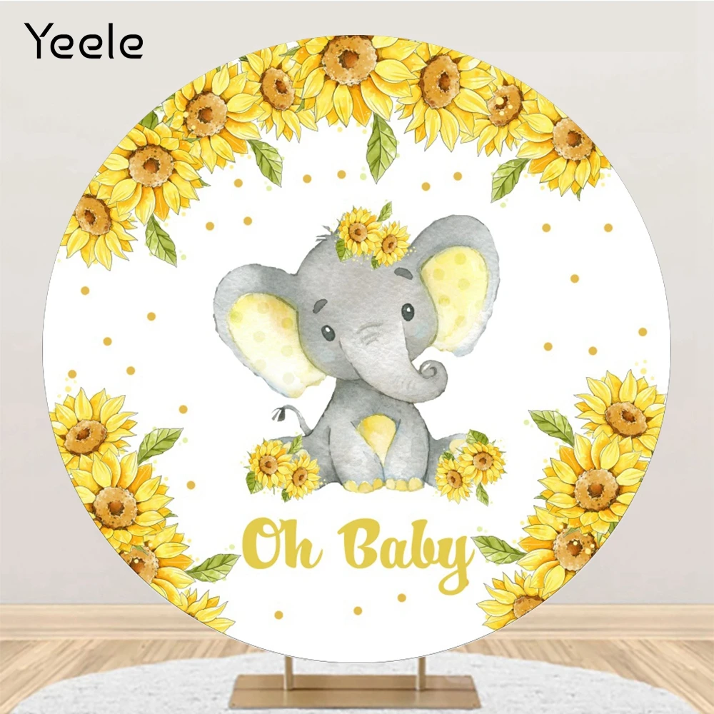 Yeele Birthday Party Newborn Baby Shower Sunflower Elephant Round Backdrop  Photography Background Custom Polyester Photo Studio