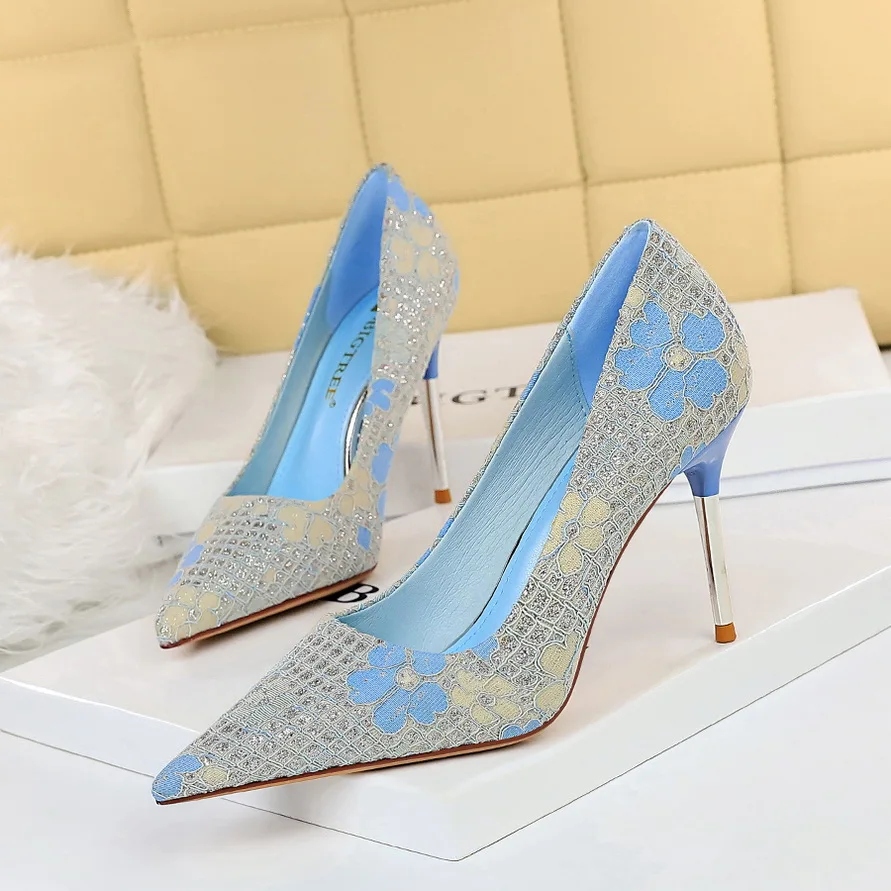 Women\'s High Heels Shoes Women Pointed Toe Pumps Floral Design Ladies Shoes New Arrival 869-9