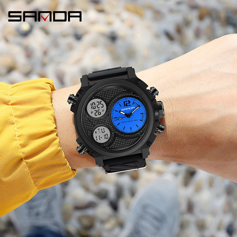 SANDA Three Time Display Quartz Watch for Men LED Sport Digital Watches 50m Waterproof ElectronicWristwatch Alarm Clock Relogio