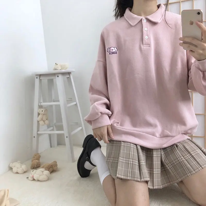 Hoodies Women with Buttons Turn-down Collar Thickening Warm Fresh Sweet Harajuku Ulzzang Loose Womens Students Korean Style Chic