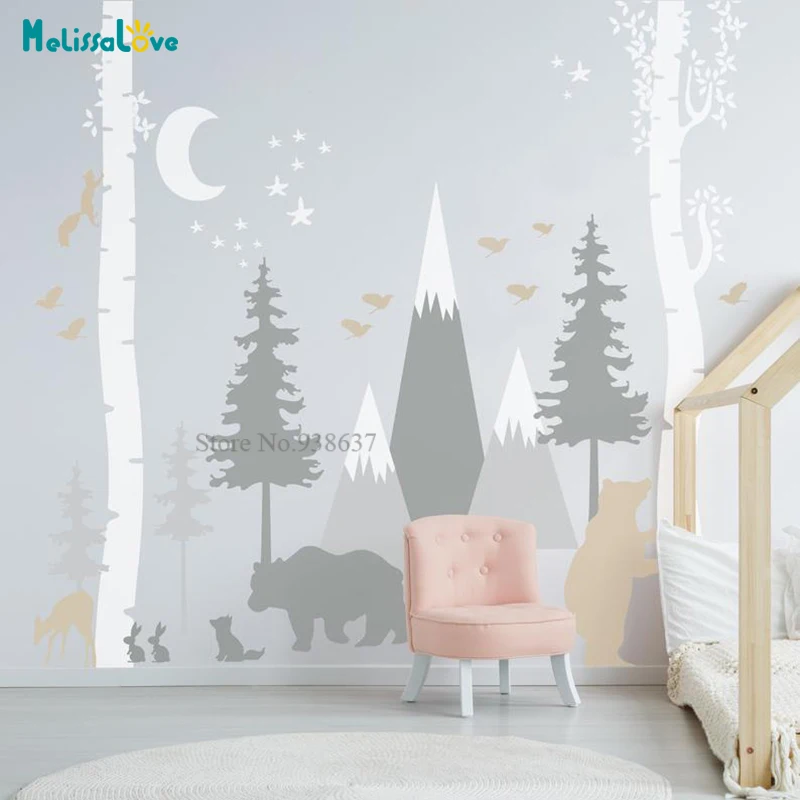 

Woodland Mountains Nursery Decor Birch Tree Self Adhesive Baby Room Removable Custom Vinyl Wall Sticker Forest Mural BB831