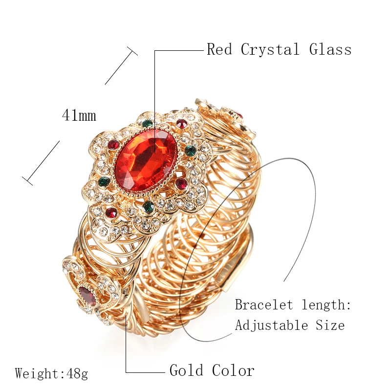 Kinel Fashion Boho Bracelet For Women Gold Color Red Crystal Flower Vintage Bracelets Bangle Party India Wedding Jewelry