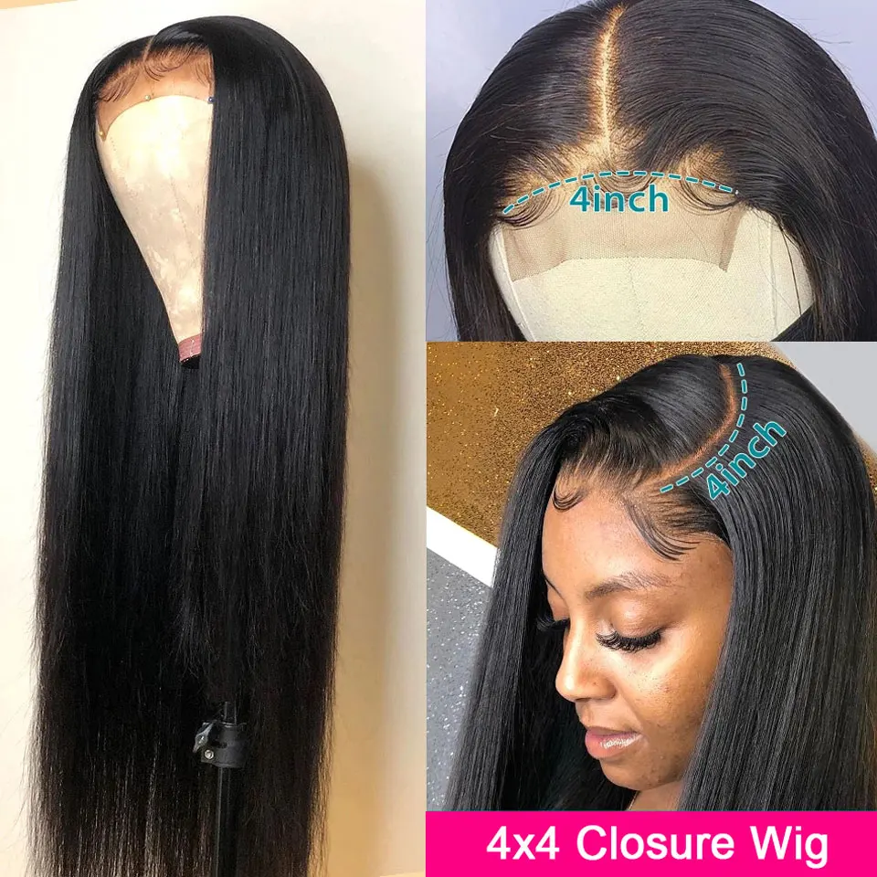 Perruque Lace Closure Wig naturelle brésilienne Remy, cheveux lisses, 4x4, 28, 30, 32 pouces, pre-plucked, avec Baby Hair, pour femmes africaines