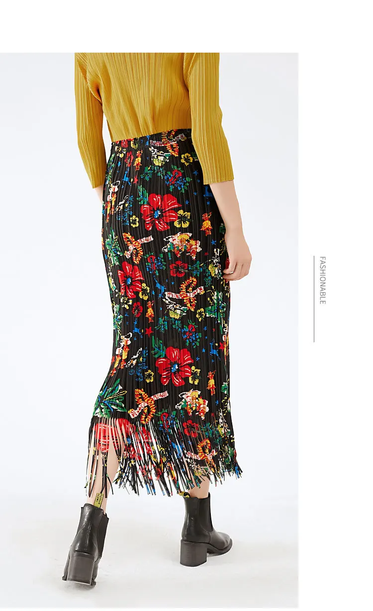 HOT SELLING Miyake fold Wide-brimmed twill pleated Weave tassel skirt pleated skirt Retro floral print skirt IN STOCK