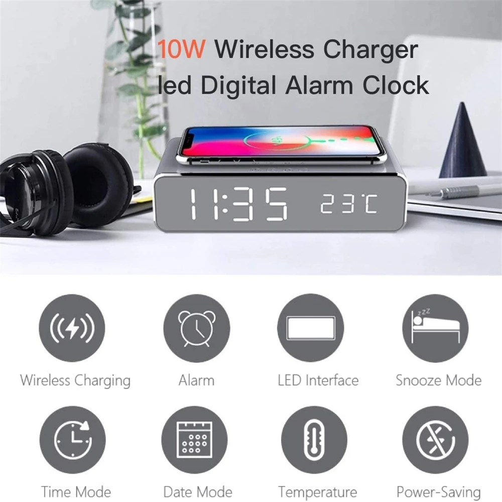 Digital Alarm Clock With Wireless Charger LED Desk Alarm Clock with Thermometer and Time 10W Certified Wireless Charger