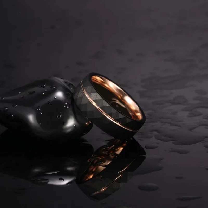 Tigrade 4 mm 6 mm 8 mm schwarze Wolframringe für Männer und Frauen, dünner Roségold-Rillen-Ehering mit gehämmerter Ehering, bequeme Passform, Größe 5–14 – Detail 3