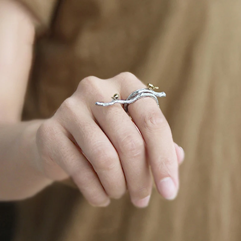 MIQIAO Unusual Silver Rings For Women Adjustable Bird On Fingers Vintage Female Cool Stuff Branch 925 Sterling Withered Rattan