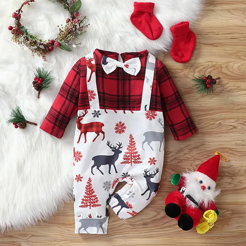 Winter Newborn Baby Romper Christmas Toddler Kids Boy Girl Xmas Deer Printed Lattice Long Sleeve Jumpsuit Outfits for 0-24M