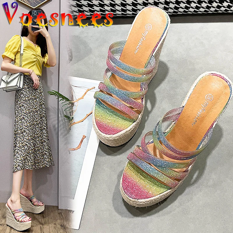 Straw Hemp Rope Bottom Sandals Korean Style Bling Rainbow Platform Slides Walk Show Wedges Women Shoes Sweet Wedding High Heels