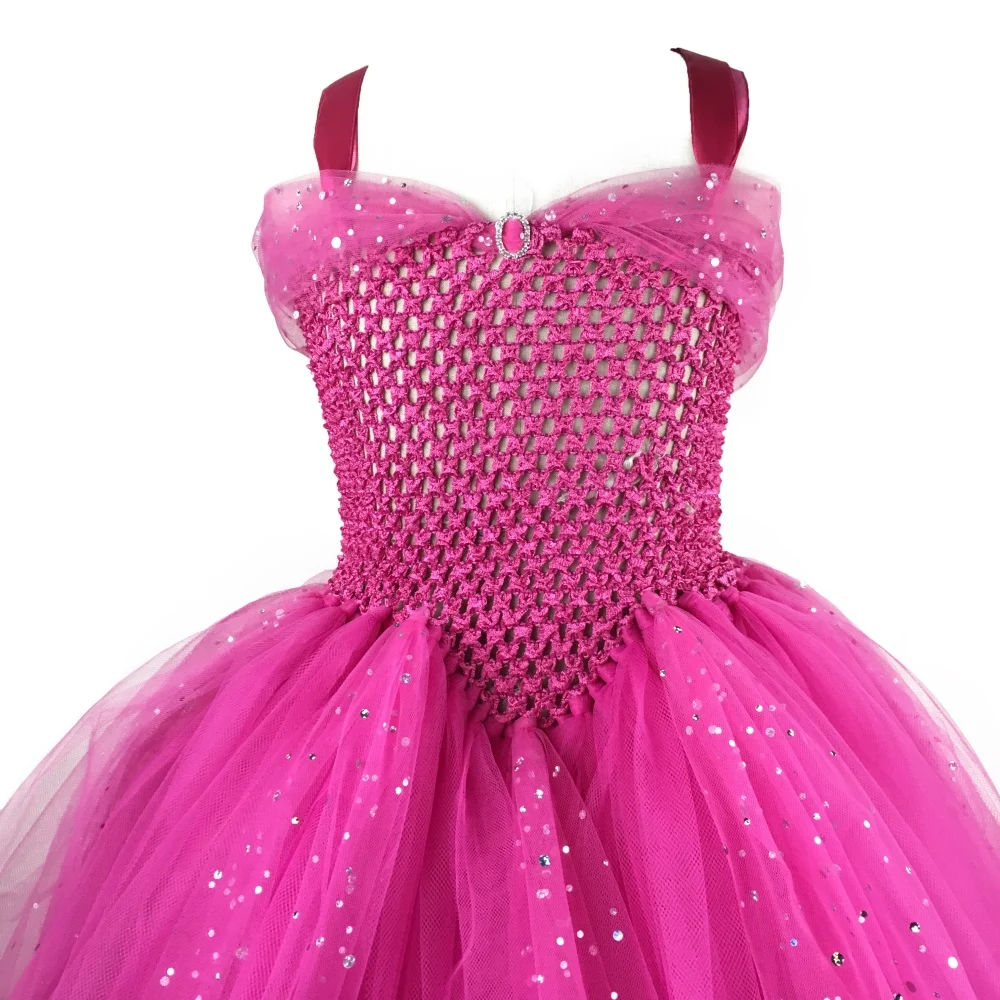 Hot Girls Pink Glitter Tutu Dress Kids Crochet Sparkle Tulle Dress Long Ball Gown Children Birthday Party Costume Princess Dress