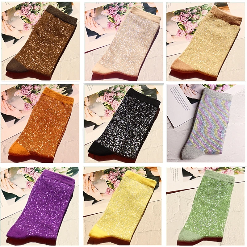 Fashion women's shiny solid color high quality combed cotton socks gold and silver thread soft and comfortable woman socks