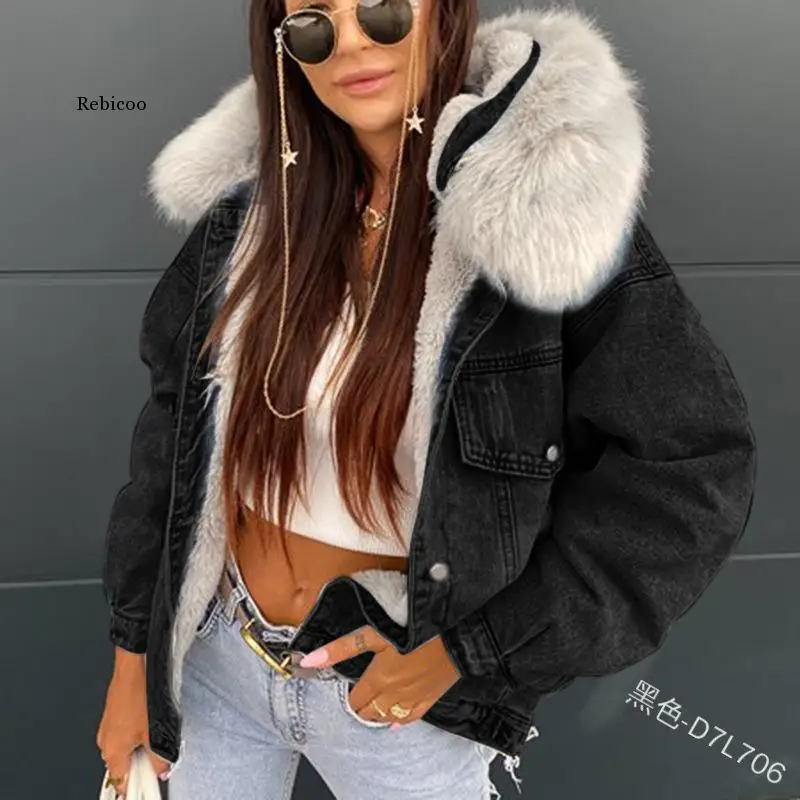 Streetwear Removable Fur Collar Thick Short Denim Coat Women Winter Warm Big Pocket Jean Jacket Loose Single Breasted Tops Coat