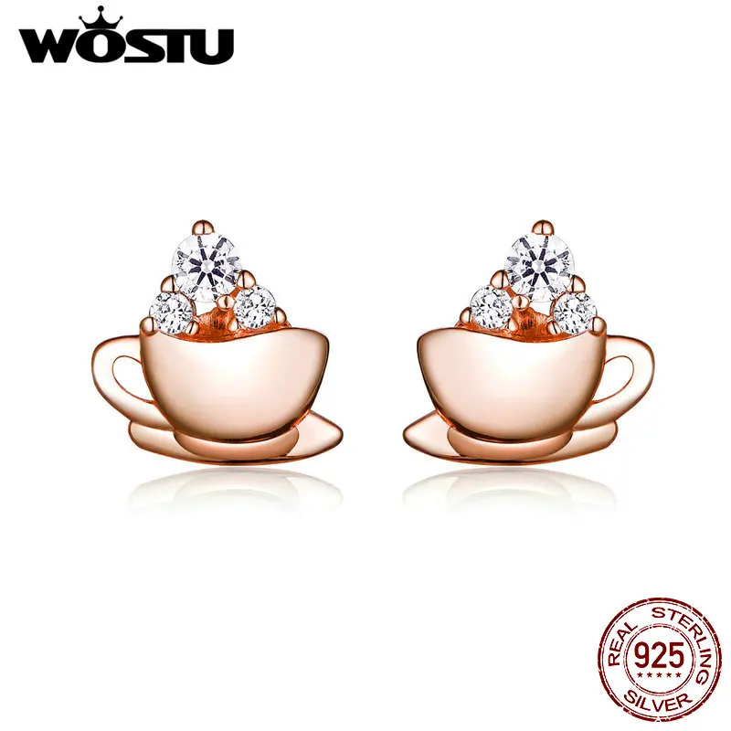 

WOSTU Coffee Cups Stud Earrings 925 Sterling Silver Dazzling Zircon Rose Gold Small Earrings For Women Delicate Jewelry CQE592