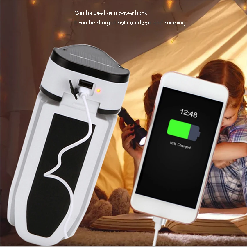 Linterna LED plegable para tienda de campaña, 5 modos de luz, impermeable, recargable, alimentada por carga USB y Panel Solar