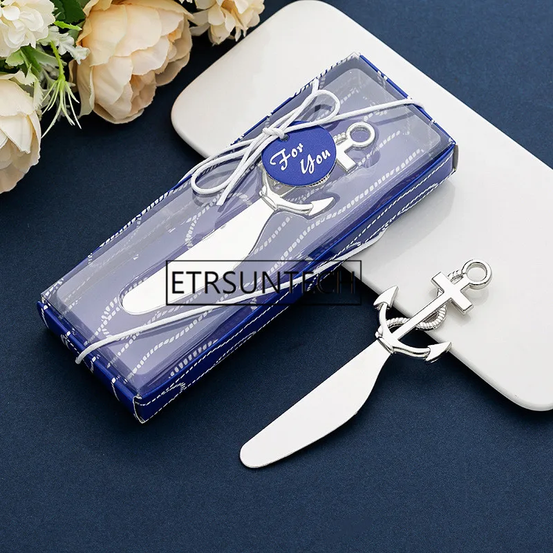 

50pcs Vintage Anchor Shape Butter Knife Fruit Jam Knife Cheese Spreader Gift Box Wedding Party Favors