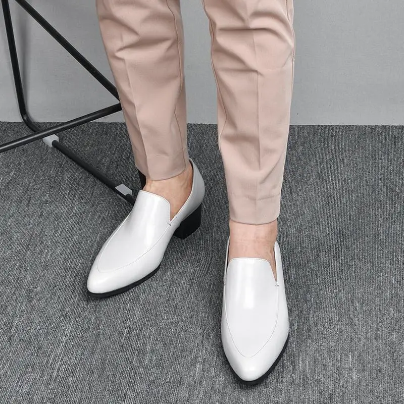 Mens High Heel Men Shoes Black White Genuine Leather Wedding Dress Shoes Pointed Toe Slip On Business Office Work Heighten Shoes