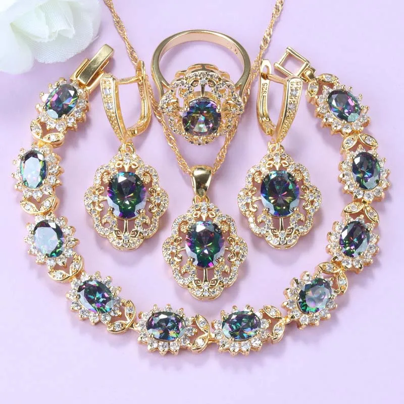 18K Gold Plated AAA+ Mystic Rainbow Cubic Zirconia Flower Jewelry Sets Accessories Wedding Bridal Costume For Women Gift