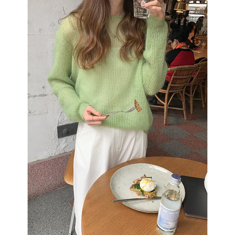 Fluffy Mohair Sweater Women Slouchy Loose Knit Wool Sweaters Translucent Pullover