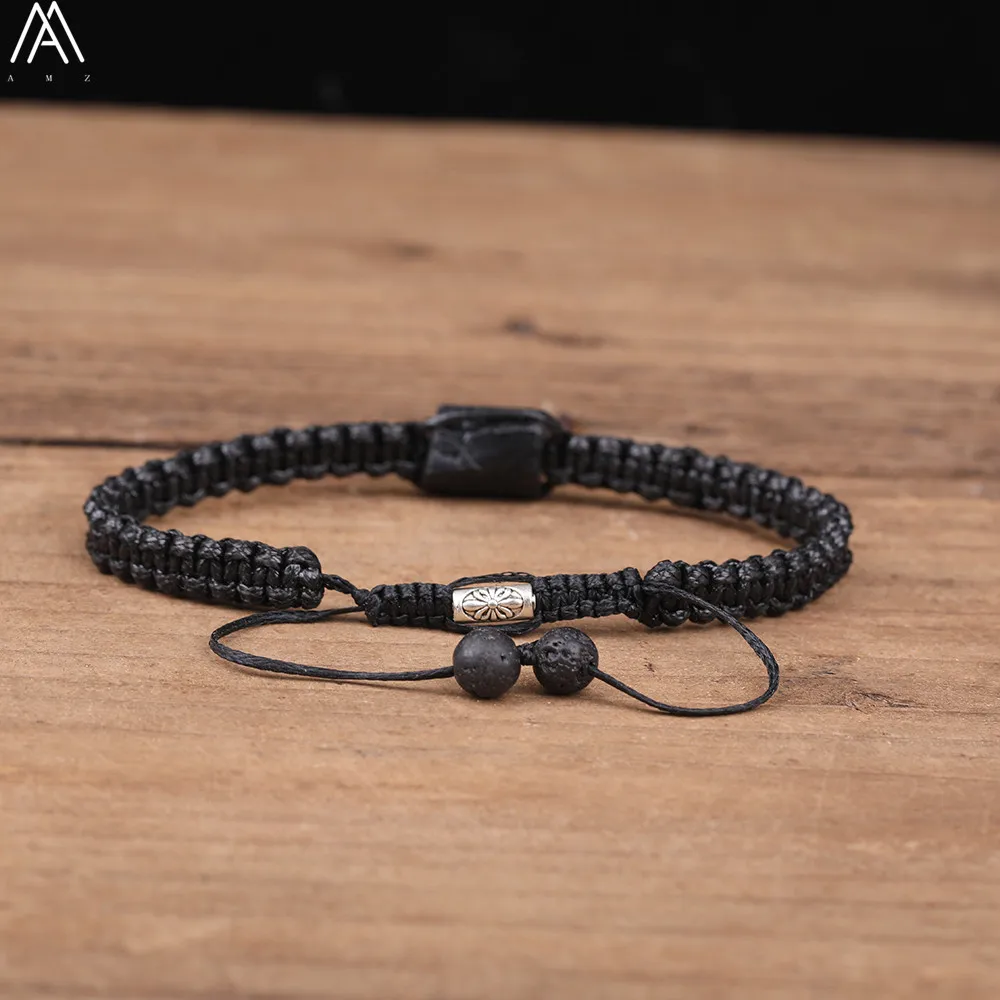 Natural Black Tourmaline Single Beads Woven Adjustable Bracelet Boho Women 6mm Black Lava Stone Beads Mala Bracelet N0383AMC image 4