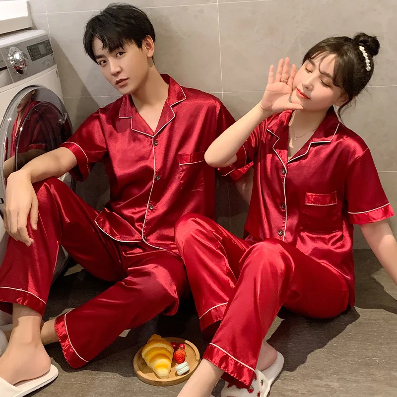 Spring Silk Satin Pajamas Couple Set Summer Short Sleeve Button-Down Sleepwear Women Men Solid Color Loungewear Plus Size Pj Set