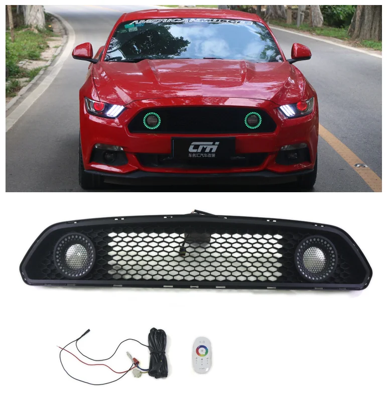 Car Front Bumper Grille Trim Racing Grills Round Lamp Type Remote Control Discoloration Belt Lamp For Ford Mustang 2015-2017