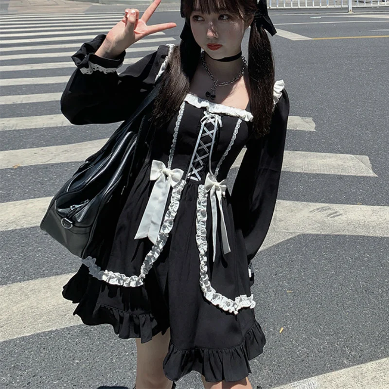 Herbst Japanischen Schwarz Gothic Lolita Kleid Vintage Viktorianischen Weiche Mädchen Nette Bogen Spitze-up Rüschen Prinzessin Kleid Frauen Punk kleider