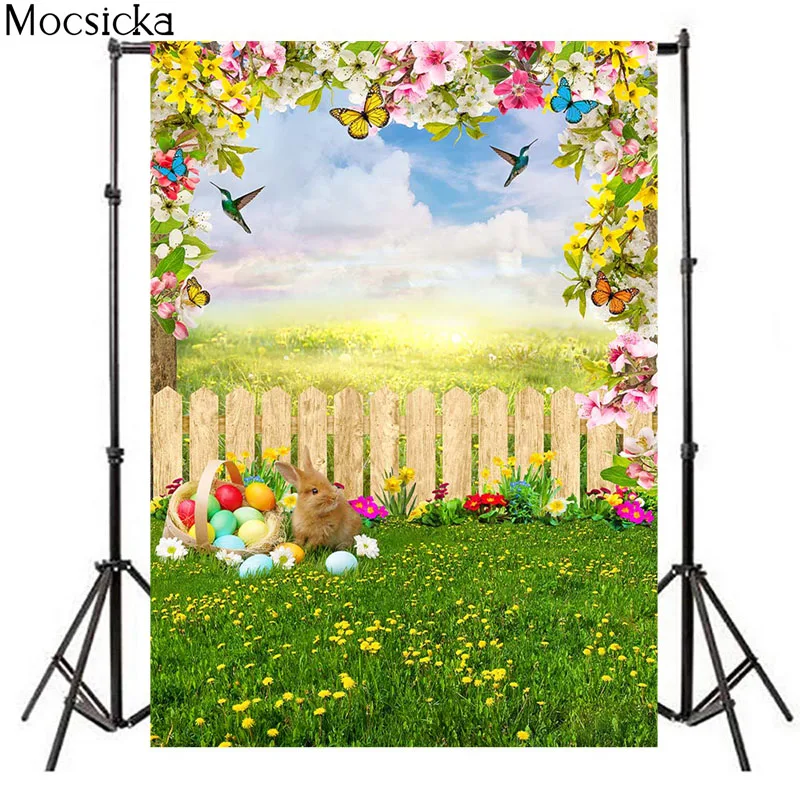 Mocsicka Frühling Ostern Fotografie Hintergrund Zaun Hase Ei Dekoration Studio Requisiten Kind Porträt Foto Hintergrund Banner