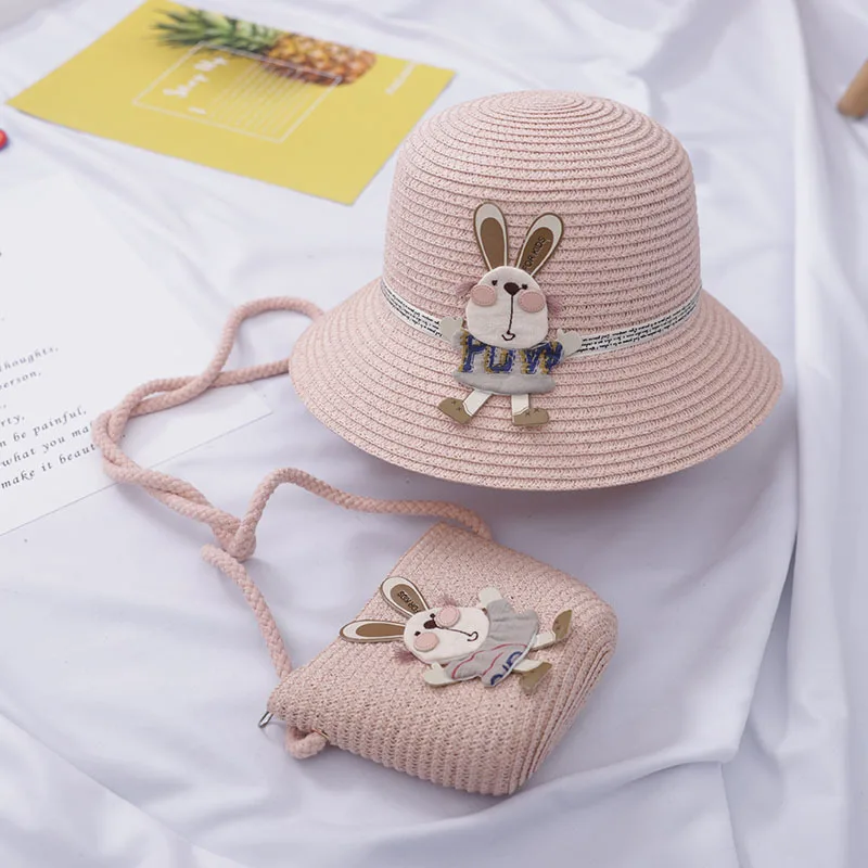 Summer Girl breathable straw hat +handbag sets Child baby sun hat Panama cap Gorros Kids hat cartoon Sunscreen shoulder bags