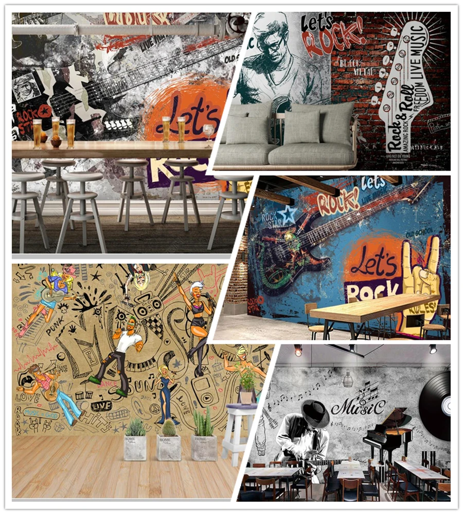 

Papel de parede graffiti guitar rock music bar club KTV tooling retro 3d wallpaper mural living room bedroom wall decor