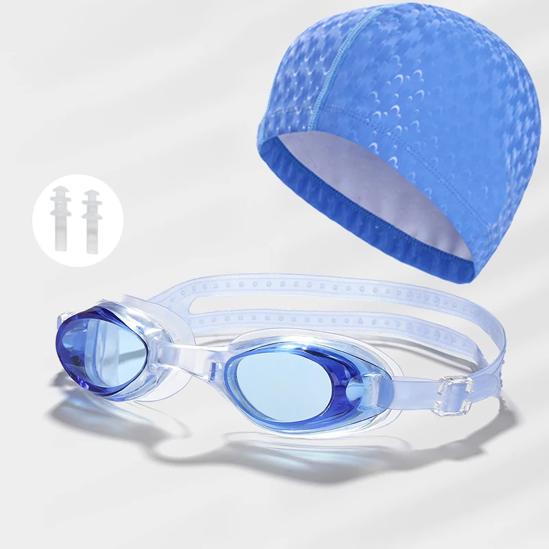 3in1 Waterproof Men Women Swimming Pool Goggles Set Water Sport Eyewear wi/ Earplugs PU Coating Fabric Swim Caps Hat Accessories