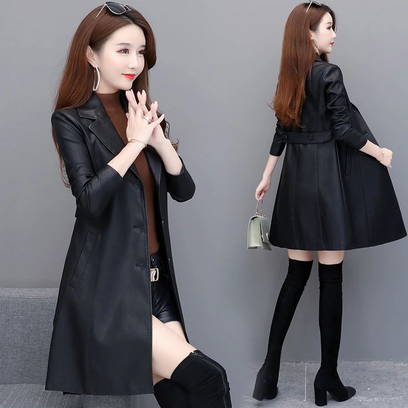Abrigo de cuero Pu para mujer, chaqueta de medio largo para motocicleta, rompevientos de cuero de imitación, negro y rojo, moda de otoño, primavera