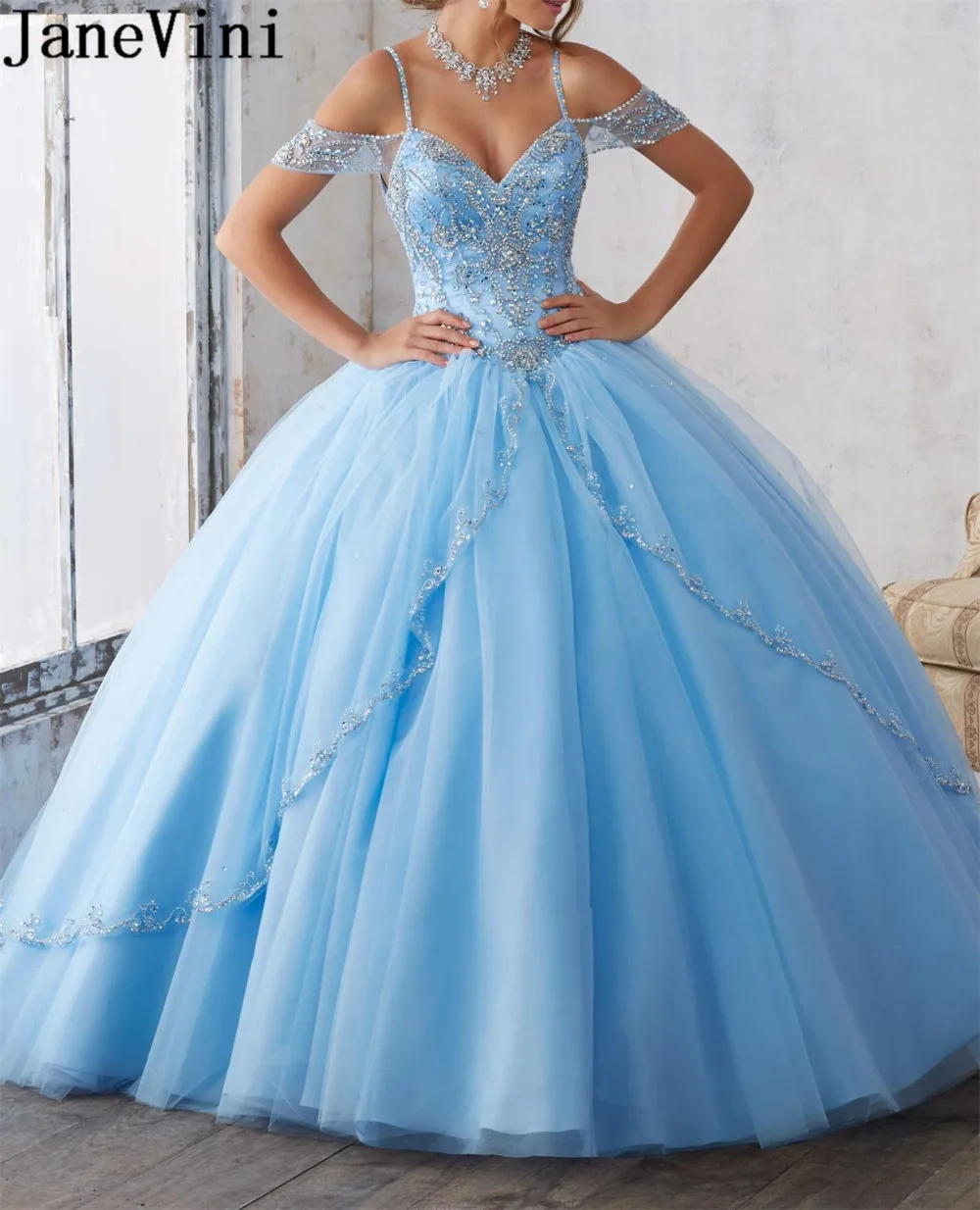 JaneVini Blue Quinceanera Dresses 2020 Luxury Crystal Beaded Sweet 16 Dresses Fluffy Tulle Tiered Skirt Beading Prom Ball Gown