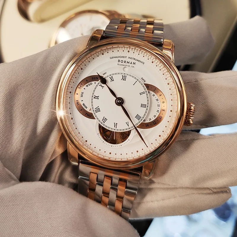 BORMAN Luxury Shanghai Automatic Mechanical Movement Mens Watch Stainless Steel Strap Open Work Self Winding Skeleton Watches