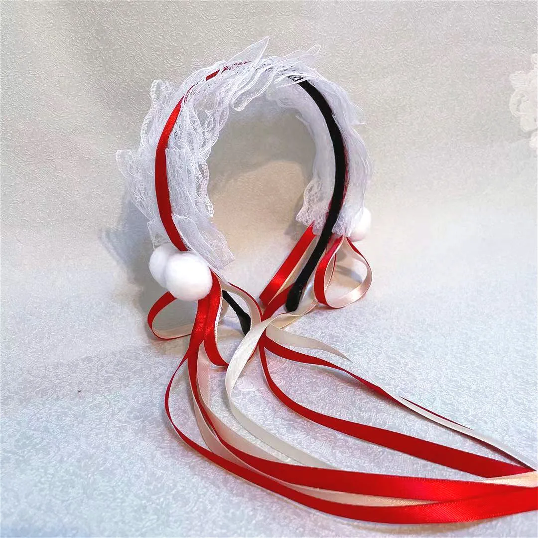 Anime Maid Cosplay Headband Dark Lolita Hair Accessories Ball Lace Bow Band Loli Headdress Hand Made for Girls